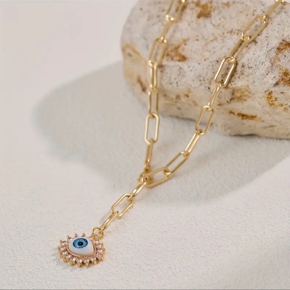 New Evil Eye Gold Paperclip Diamond CZ Chain Pendant Necklace NWT - Picture 2 of 5